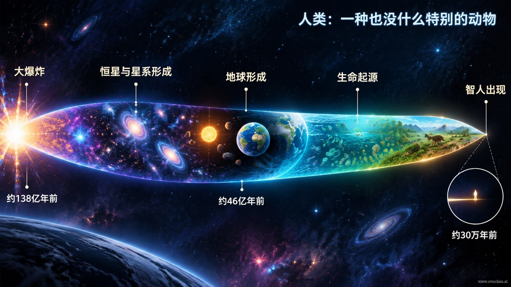 演化时间线示意图,从大爆炸到智人出现